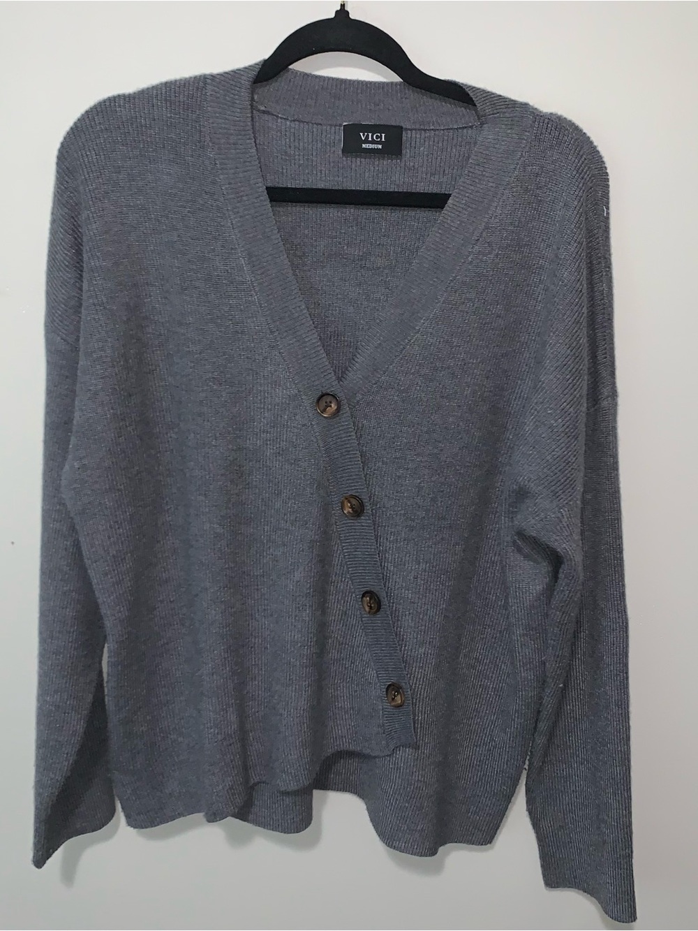VICI Gray V-Neck Button Front Knit Cardigan